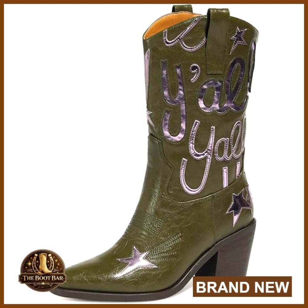 Metallic Embroidery Western Boots Pointed Toe Chunky Heel Mid-Calf